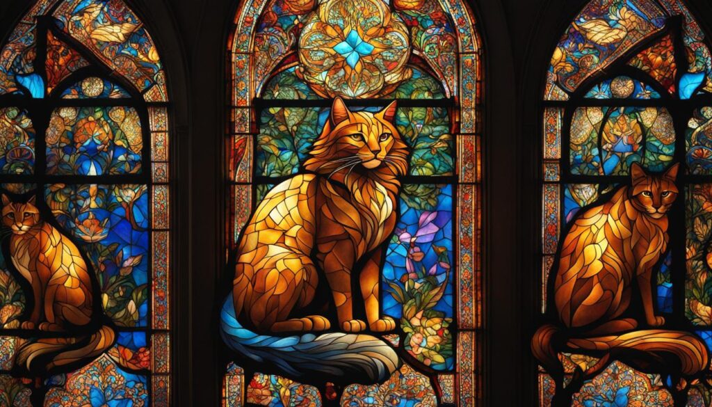 Cats depicted in church stained glass